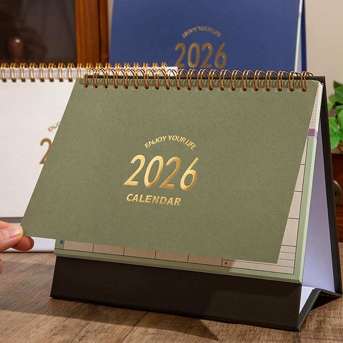 Large Desk Calendar 2026, 9.9" × 8.7" Standing Flip Desktop Calendar from Now to December 2026 - Metal Ring Twin-Wire Binding Monthly Desk Calendar for Home Office School (L-Green)