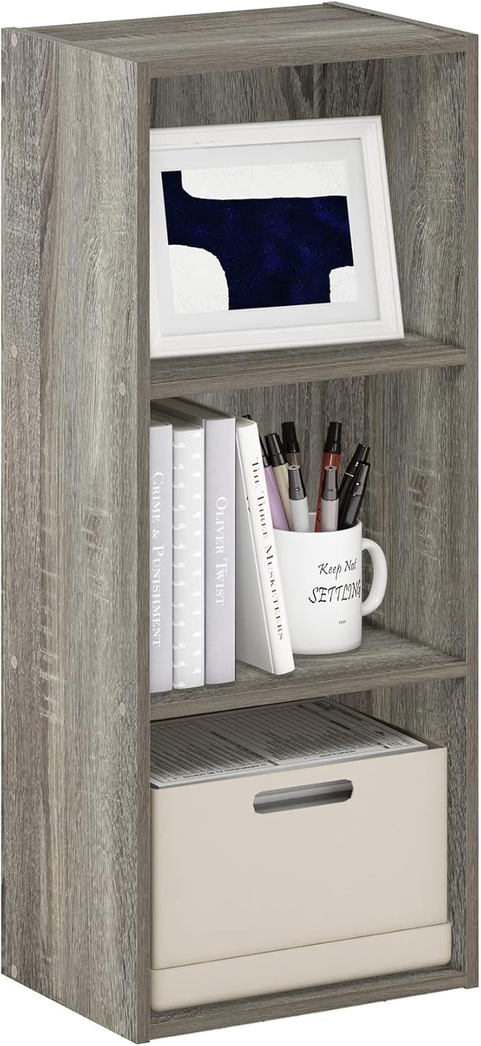 Furinno LUDER Book Shelf, 3-Cube Bookshelf, Bookcase with Open Shelves, 9.3 x 12 x 31.5, for Living Room, Bedroom, Home Office, French Oak