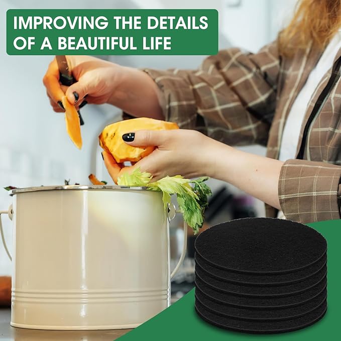 6 Pack Charcoal Filters for Compost Bucket，Compost Filters for Countertop Bin， Odor-Absorbing Activated Charcoal Replacement for Kitchen Compost Bins，6.7 Inch，Compost Filter