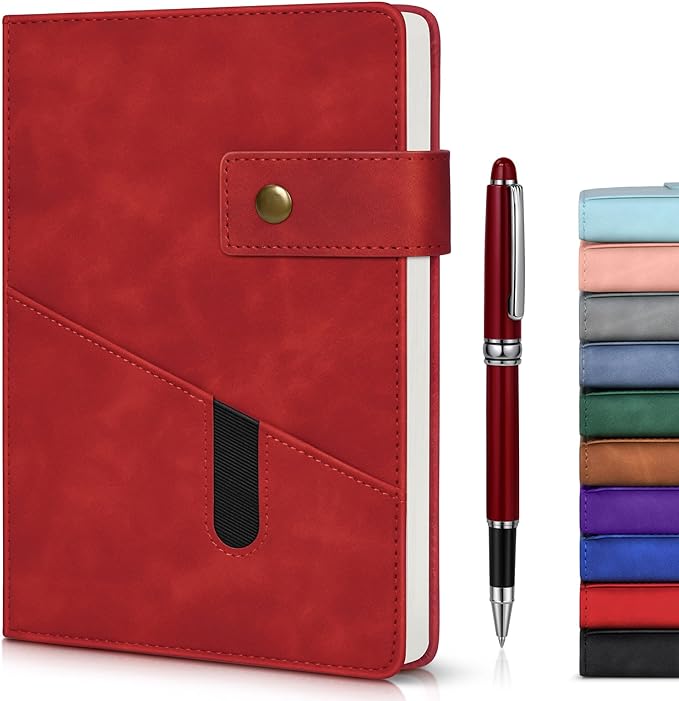 vfaejll Red A5 Lined Leather Journal Notebook for Men Women,5.9" X 8.4" Personalized Hardcover Journal with Pen,200 Pages 100 Gsm Thick Ruled Paper Daily Diary for Travel,Business,Work,Writing