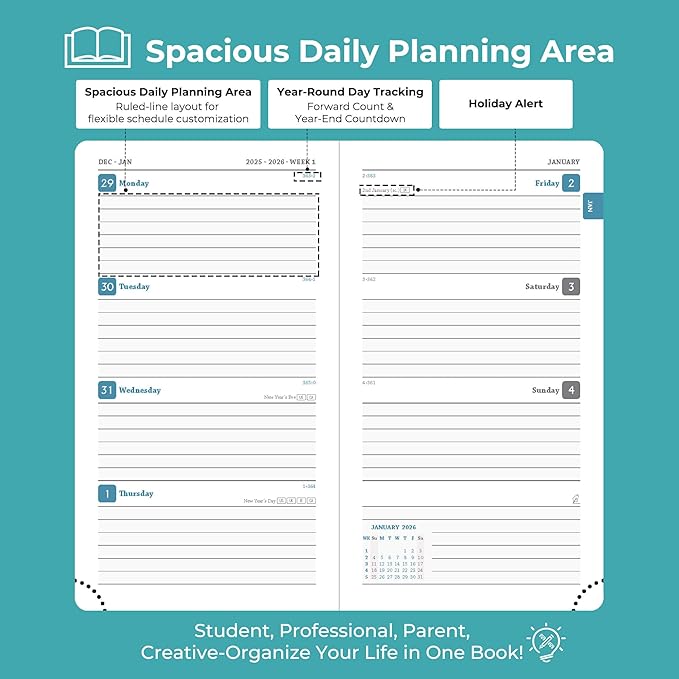 IN-LUXPRO Planner 2026 Daily Weekly and Monthly,6.5"x3.75",12 Months Spiral Bound Calendar Agenda with Self-adhesive Pen Holder,2026 Appointment Book with Vegan Leather Soft Cover,Light Blue