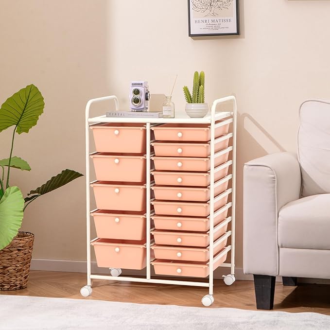 GOFLAME 15-Drawer Rolling Storage Cart, Craft Storage Cart with Removable Drawers & Lockable Wheels, Art Cart Supply Storage Organizer for Home Office Classroom, Peach Fuzz