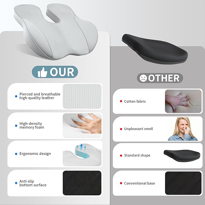 EARJIA Memory Foam Seat Cushion for Office Chair Seat Cushions for Long Sitting Tailbone Pain Relief Anti-Slip Bottom & Removable Leather Cover for Car Gaming Work