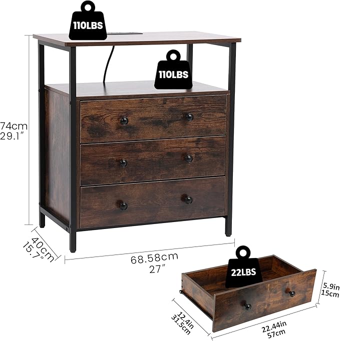 Edbuosy 3 Wooden Drawers Night Stand, 27 Inch Wide Nightstand with Charging Station and Adjustable Drawers, Small Dresser for Closet, Bedside Table for Living Room/Bedroom/Office, Retro Brown.