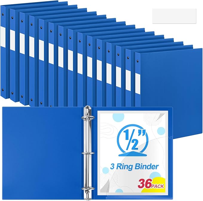 Henoyso 36 Pcs 3 Ring Binder 0.5 Inch Round Fits Letter Size 8.5'' x 11'' Paper Plastic Flexible Binder Bulk Holds 140 Sheets with 1 Pockets Versatile Organizer for Home Office School (Blue)