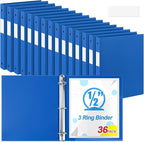 Henoyso 36 Pcs 3 Ring Binder 0.5 Inch Round Fits Letter Size 8.5'' x 11'' Paper Plastic Flexible Binder Bulk Holds 140 Sheets with 1 Pockets Versatile Organizer for Home Office School (Blue)