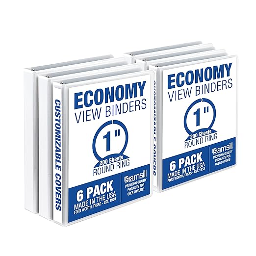 Samsill 1 Inch 3 Ring Binders, Made in USA, Economy Round Ring, Clear View Cover, 200 Sheet Capacity - for School, Home, Office - White, 6 Pack