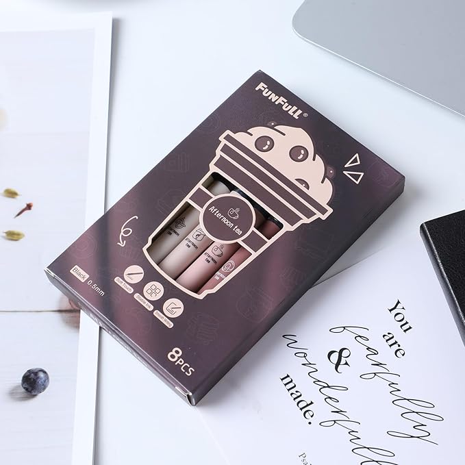 FUNFULL 16pcs Quick Dry Coffee Ink Rollerball Pens, 0.5mm Fine Point Colored Ink Gel Rubber Finish Smooth Writing Pens, Gifts for Women, Students, Teachers, Employees