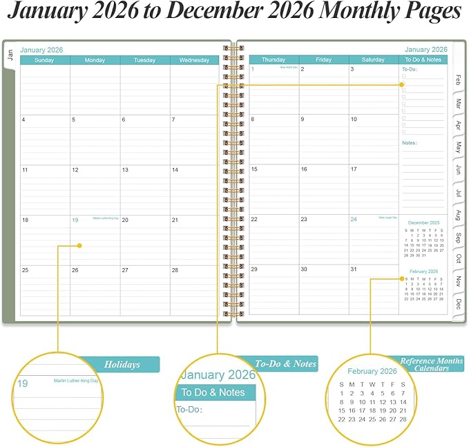 2026 Planner - Weekly Monthly Planner 2026 from January 2026 to December 2026 with 12 Monthly Tabs, Flexible Cover, Inner Pocket, 8.5" x 11", Green