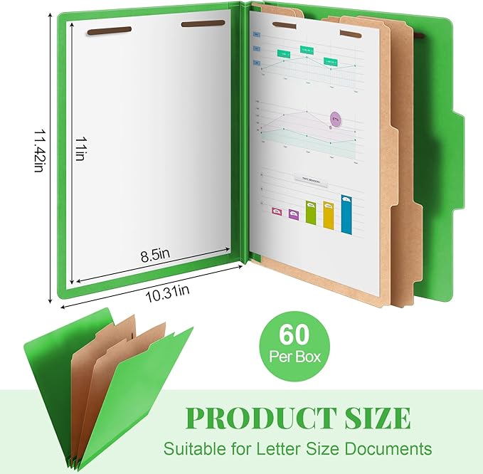 Skyygemm 60 Pcs Classification Folders Letter Size, 2 Divider Pressboard File Folders with 3. 5 Inch Expansion, 2 Prongs Fastener, Heavy Duty Office File Organizers for Teachers, Medical (Green)