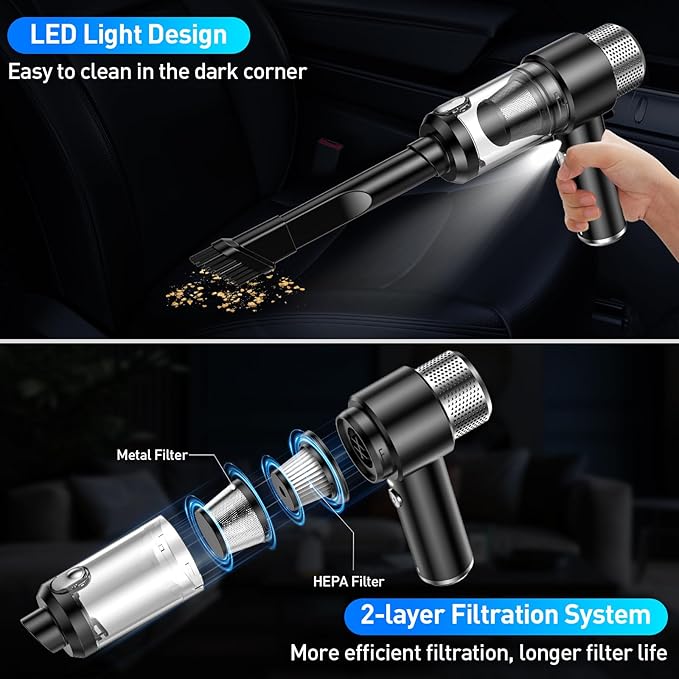 SHLNLI Mini Vacuum Cleaner, 16000PA Car Vacuum Cleaner Portable Cordless with LED Light, 4 in 1 Air Duster and Handheld Small Vacuum Rechargeable for Car, Home, Office, Pet（Black）