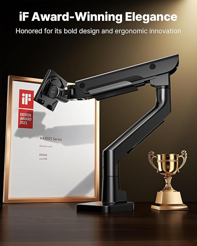 monTEK Sleek Aluminum Monitor Arm for 17–57” Ultrawide Screens up to 59.4 lbs, USB 3.0 A/C, Heavy Duty Single Monitor Arm Desk Mount, Pneumatic Lift, Quick-Release Plate, Clamp/Grommet, VESA 100x100