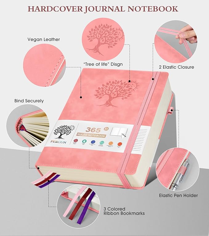 PERCUN A4 Lined Journal Notebook，365 Page Large Leather Journals for Writing Women Men，Hardcover Notebook with 100Gsm Thick Pages for Travel，Work，School，College Ruled, Daily Diary (8.5" x 11.4")