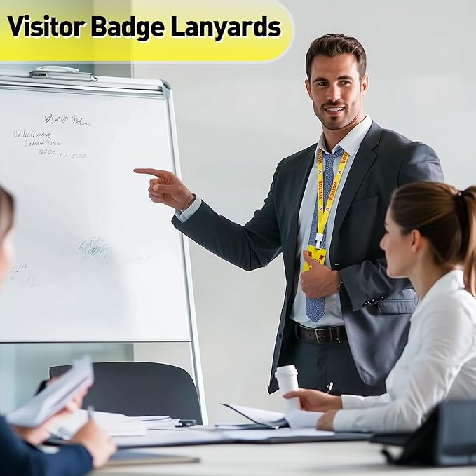 Visitor Badge Lanyards Volunteer Badge Holder with Clips (25 pcs) - Reusable Temporary ID Pass for Office, School, Events PVC Plastic Security Cards for Exhibition Guest by OSTENBIG (Yellow)