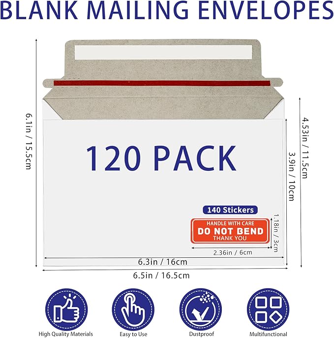Cheardia 120 Pack Rigid Mailer with Self Adhesive Seal, 6.5 x 4.5 Inch Keep Flat Photo Document Mailers, Small Thick Cardboard Shipping Envelopes with Label for Photos, Document, White
