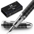 Wordsworth & Black Majesti Fountain Pen - (Checked), Luxury Case, Chrome Finish, Iridium Medium Nib - 24 Ink Cartridges, Refillable Ink Converter-Calligraphy Pen-Best Business Gift Set for Men & Women