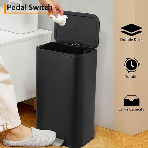 DYTesa 8 Gallon Black Stainless Steel Foot Pedal Trash Can | Rectangular Slim Design Saves Space | Soft-Close Lid & Removable Inner Bucket | Stylish Garbage Bin for Kitchen, Office, Living Room