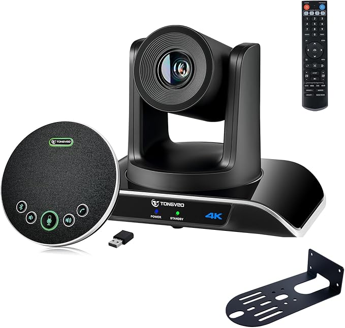 TONGVEO 4K PTZ Conference Room Camera System AI Auto-Tracking 20x Zoom 4K PTZ Camera USB3.0 HDMI LAN outputs and Bluetooth Speakerphone with Microphone for Large Remote Meeting