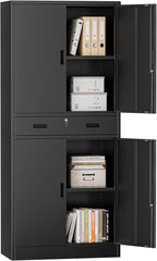 TaskStorz Metal Storage Cabinets with 1Drawer, 71" Storage Cabinet with 4 Locking Doors and 2 Adjustable Shelves, Steel Storage File Cabinet for Pantry Home, Kitchen, Office, Garage (Black)