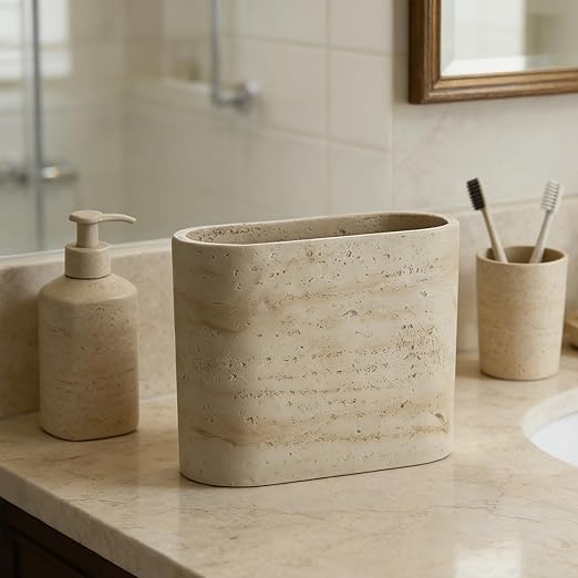 Natural Travertine Textures Mini Trash Can, Small Counter Rectangle Trash Can for Bathroom Kitchen Table Desk, Tiny Waste Basket for Vanity - Silicone Pad Anti Scratch, Non-Slip (Made of Resin)