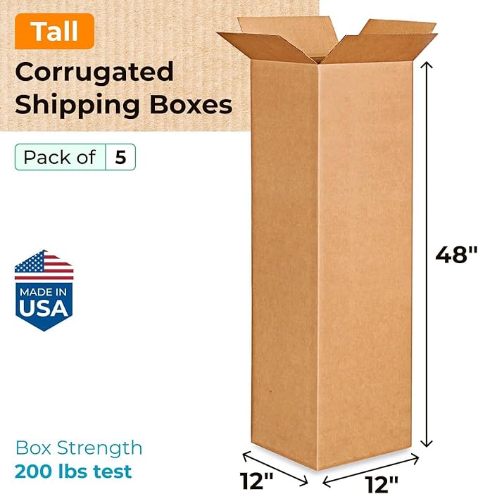 IDL Packaging Medium Corrugated Shipping Boxes 12"L x 12"W x 48"H (Pack of 5) - Prime Choice of Strong Packing Boxes for USPS, UPS, FedEx Shipping - Easy-to-Recycle Cardboard Boxes for Packaging