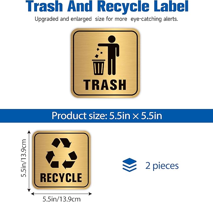 2PCS Recycle Stickers for Trash Bins, Self-Adhesive Waterproof Brushed Gold Trash and Recycling Stickers for Trash Can, Kitchen, Office, Garbage Bin Indoor, Outdoor UseS