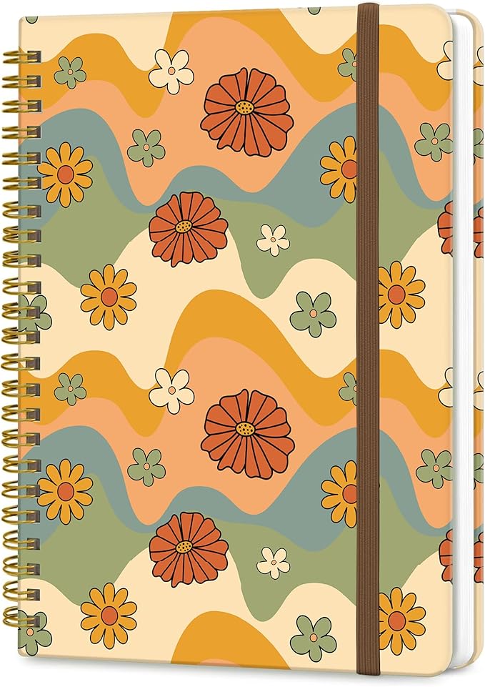 DHGPTS Spiral Journal Notebook, A5 Cute Notebooks for Women Men, College Ruled Hardcover Notebook for Work & Note Taking, 60 Pages Double-Wire Journals for Writing, Retro Boho Flowers