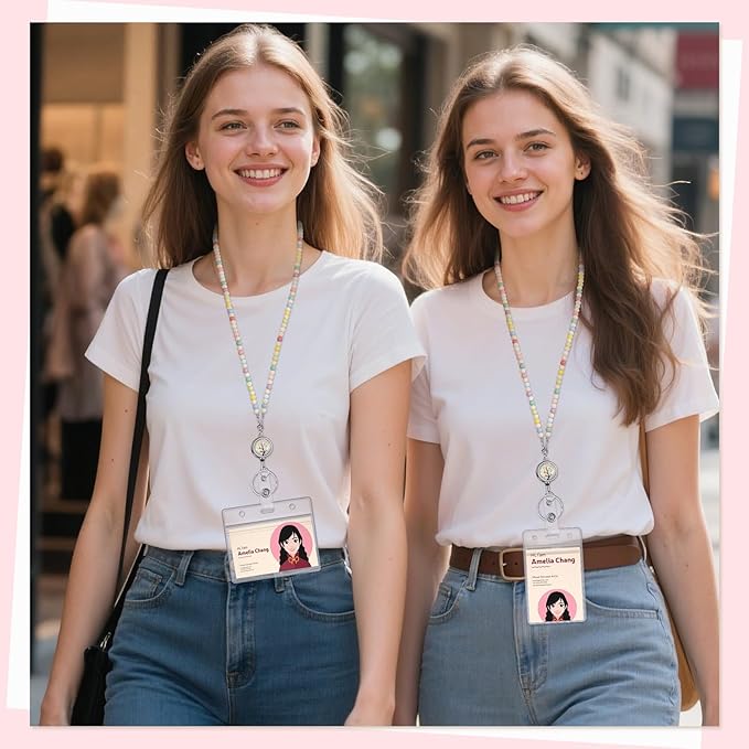 Lanyards for ID Badges Teacher Gifts Cute Wooden Beaded Lanyard with ID Holder Retractable Badge Reel Keys Eyeglass Chains for Women