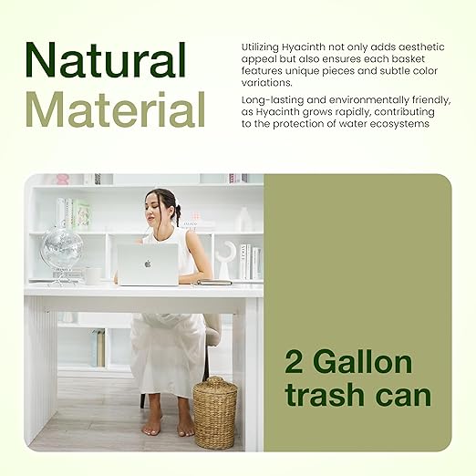 Tidita 2 Gallons Wicker Waste Basket - Water Hyacinth Bathroom Garbage Can with a Lid - Bathroom Trash Can Boho Style - Wicker Trash Can with Lid for Household, Kitchen - Removable Liner, Iron Frame