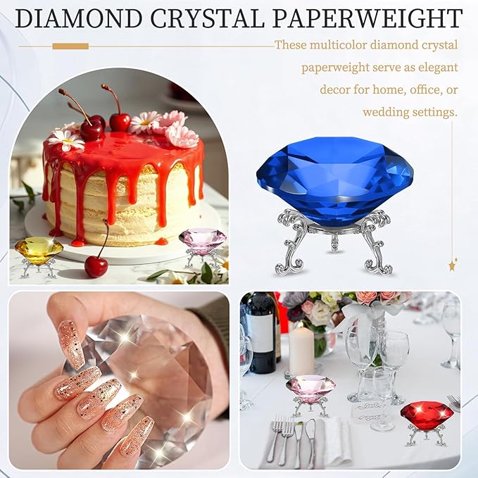 PATIKIL Diamond Crystal Paperweight, 100mm / 3.94" Crystal Paperweight Paper Weight with Silver 25 Metal Base for Home Office Desktop Table Decor Wedding Party Ornaments, Dark Blue