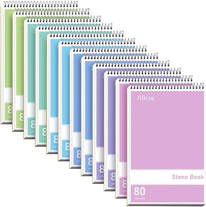 Alitte Steno Pads Spiral 6x9-12 Pack Pastel Colors - Perfect for Work, School, and Home Use, Easy Tear-Off Pages, Gregg ruled, White Paper - No Ink Bleeds - 80 Sheets