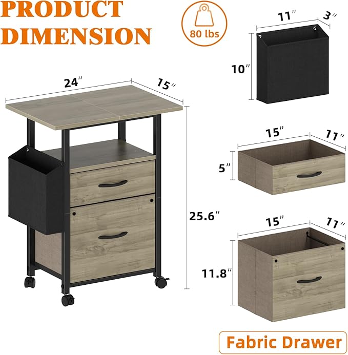 GYIIYUO 2 Drawer File Cabinet with 24'' Extended Desktop, Mobile Filing Cabinet, Rolling File Cabinet with Side Bag, Fabric Drawer, Fits A4/Letter Size, Printer Stand Home Office, Oak Grey