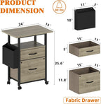GYIIYUO 2 Drawer File Cabinet with 24'' Extended Desktop, Mobile Filing Cabinet, Rolling File Cabinet with Side Bag, Fabric Drawer, Fits A4/Letter Size, Printer Stand Home Office, Oak Grey