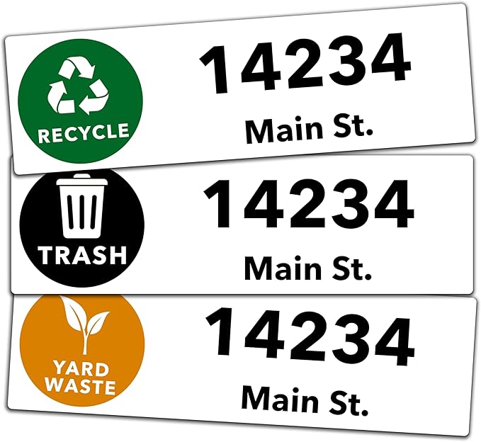 Custom Trash Can Stickers - Personalized Garbage, Recycle and Yard Waste Container Labels for Address and House Number