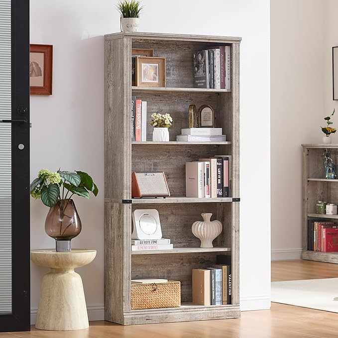 RWYHG 70" Grey Tall Bookshelf Set of 2,5-Tier Thick Wooden Book Shelf with Adjustable Shelves,Free Standing Farmhouse Bookcase with Open Display Storage,Floor Vintage Bookshelves for Living Room