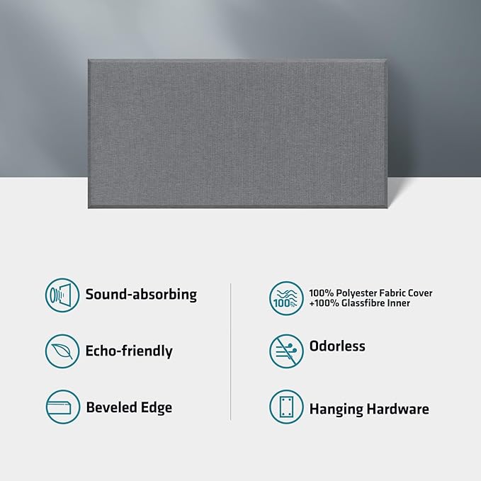 UMIACOUSTICS 4 PCS Acoustic Panels with Hanging Hardware, 2” Thick Fiberglass Sound Proof Panels for Studios, Office, Home Theater Ceiling or Wall- Light Grey