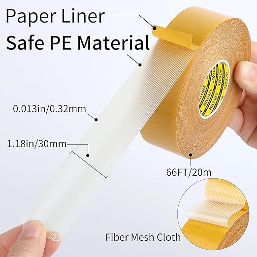 MILEQEE Double Sided Tape Heavy Duty, 1.18" x 66FT, Universal High Tack Strong Wall Adhesive with Fiberglass Mesh, Super Sticky Resistente Clear Tape, Easy Use Mounting Tape Office Decor