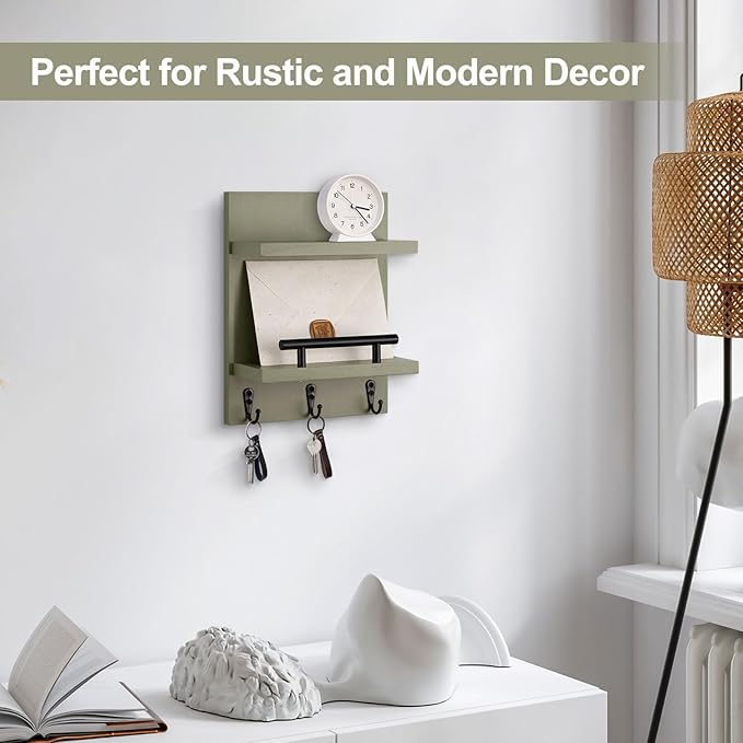 Lucundm Key Holder Wall Mount, Mail Shelf Decor with 3 Key Hooks, Versatile Wood Wall Organizer for Entryway Hallway (8.2” x 10.6”x 3.6”) (Sage Green)