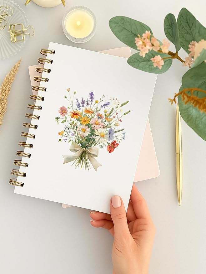 BitKan Floral Spiral Notebook, Pretty Colorful Wildflower Flower Aesthetic Journal, Cottagecore Floral Journal for Women, Preppy Bow Botanical Flower Notebook 5.5x8.3 Inch-373
