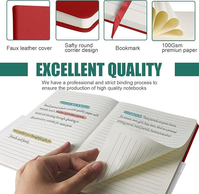 EMOMAS Lined Journal Notebook – Hardcover Notebook for Men & Women – Journals for Writing, Work, School, Home & Daily Notes, 160 Pages – Medium A5, 5.7"x8", 100 gsm Thick Paper (Red)