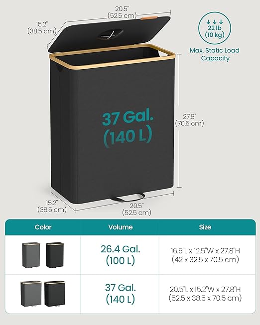 SONGMICS Recycling Bin for Kitchen 37 Gallon. Bottle Recycling Container, Collection Bin, for Metal, Plastic, Paper, Glass, Inner Bag with Handles, Kitchen, Ink Black and Natural Beige URRB513B01