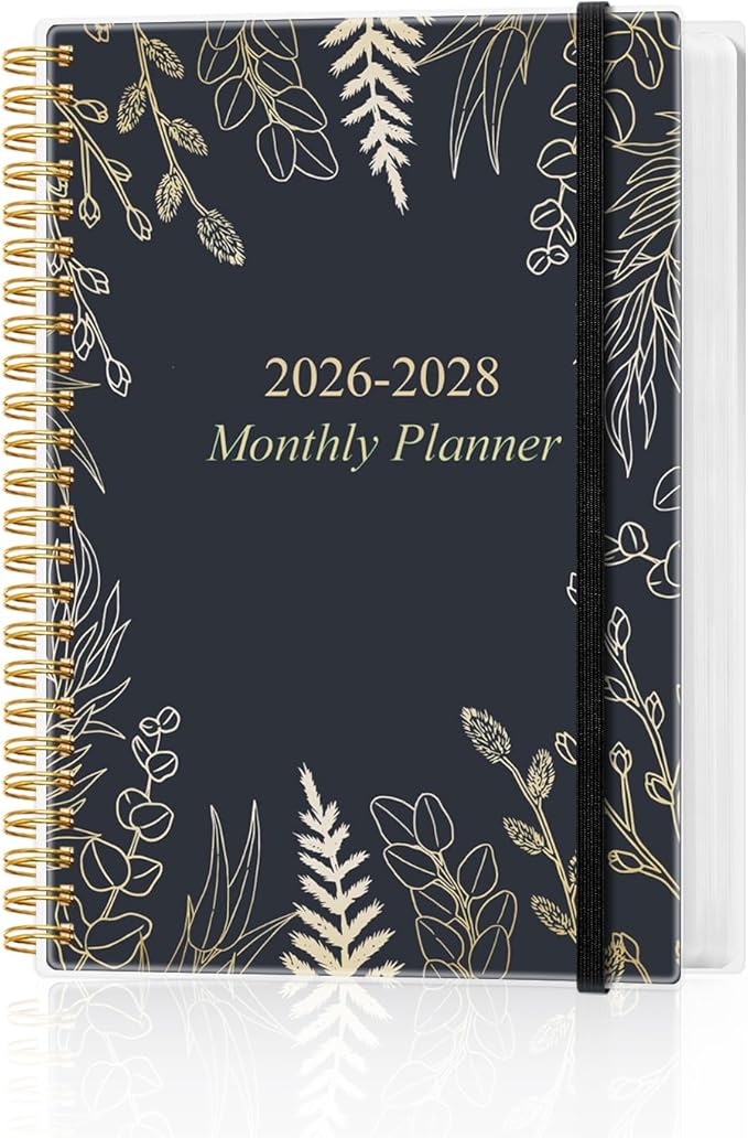 2026-2028 Monthly Planner, Three Years Calendar from January 2026 - December 2028 with Spiral Binding, Inner Pocket, Elastic Closure, 38 Month Planner for Home | School | Office, 5.8" x 8.5", White Gold Leaf