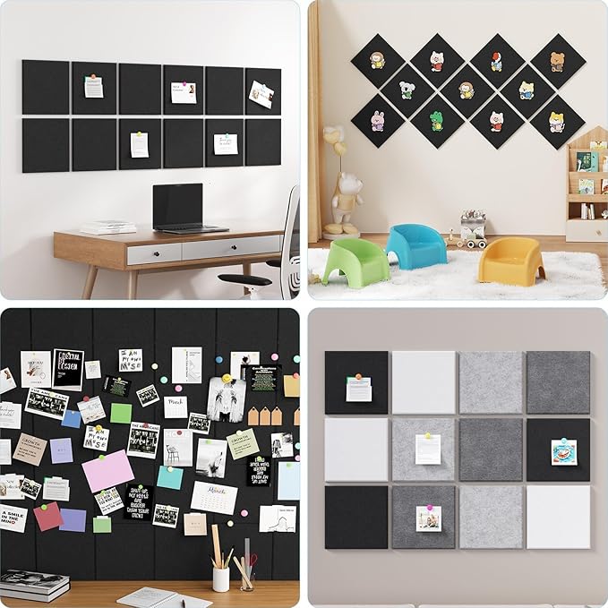 Baysola Large Cork Boards for Walls – 48" x 36" Self Adhesive Felt Wall Tiles, Ideal for Office Black Bulletin Board, Easy to Install Pin Board Photo Dart Board Wall Protectors