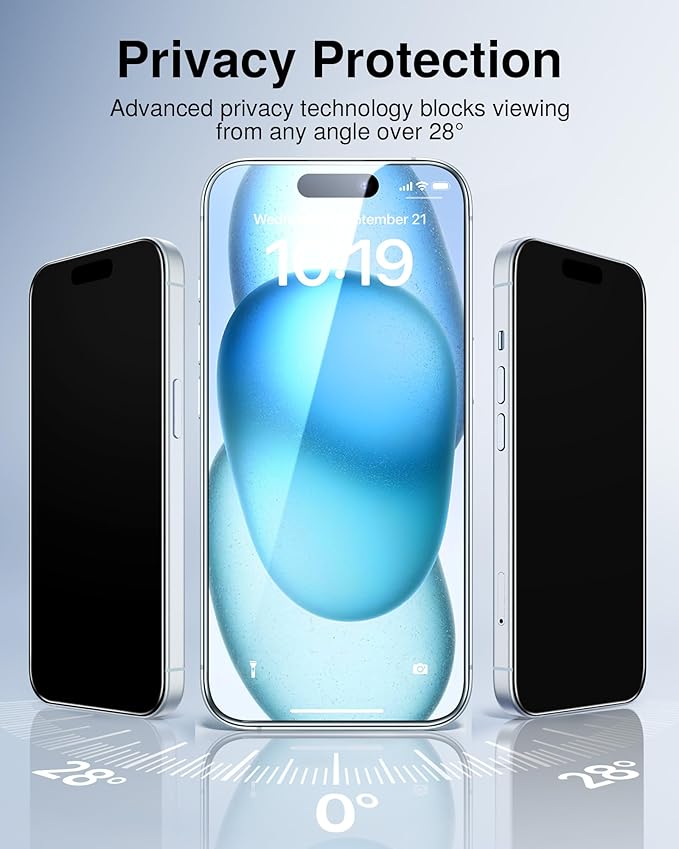 SMARTDEVIL 2 Pack for iPhone 15 Privacy Screen Protector, Military Grade Shatterproof, 9H Hardness, Anti-Spy Tempered Glass, Fast & Easy Instlltion, Case Friendly