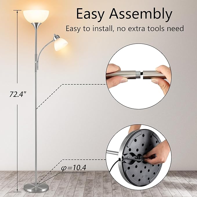 RISLG Floor Lamp, Dimmable Standing lamp, Stepless Dimming Brightness, Included 9W and 5W LED Bulbs, Industrial Floor Lamp for Living Room, Bedroom, Office, Reading