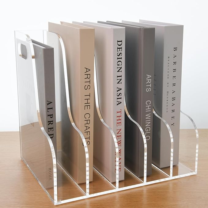 AIMOLLY 5 Vertical Compartments File Holder, Clear Acrylic Desk Organizer and Storage Bins Holding for Magazines, Binders, Notebooks, Envelopes, Multi-purpose Document Organizer for Home Office