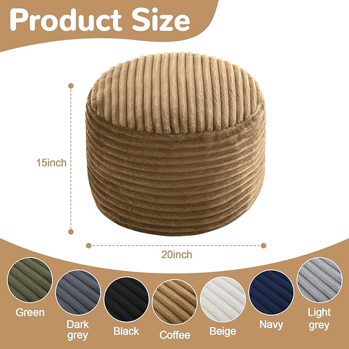MeMoreCool Stuffed Round Pouf Ottoman Foot Rest, Soft Plush Floor Pouf Foot Stool, Corduray Footstool Footrest, Small Round Ottoman for Living Room Couch Sofa Chair, 20x15 Inch Coffee