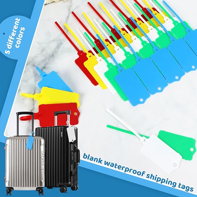 LeonBach 100 PCS Plastic Shipping Tags,1.46" x 2.48", Waterproof Labels Writable Hanging Tag with Sealing Strap,Shipping Cable Tie Label Tags for Keys Luggage Logistic Retail Inventory(Multicolored)