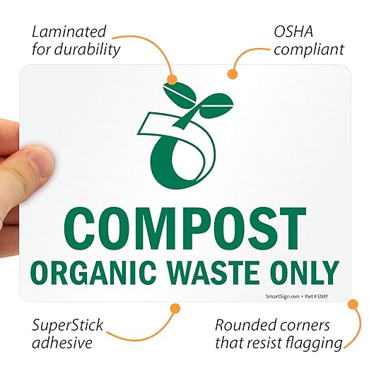 SmartSign (Pack of 4) 5 x7 inch “Compost Organic Waste Only Recycling Sticker Labels with Symbol, 5 mil Laminated Polyester with SuperStick Adhesive, Green and White, Made in USA