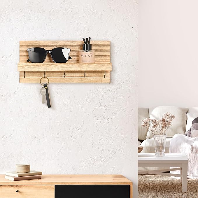 Lwenki Decorative Key Holder for Wall with Shelf, Entryway Shelf with Hooks Holds Leashes, Jackets and Glasses – Sturdy Wood Keyholder Entrance Hanger with Mounting Hardware (Wood, Medium)